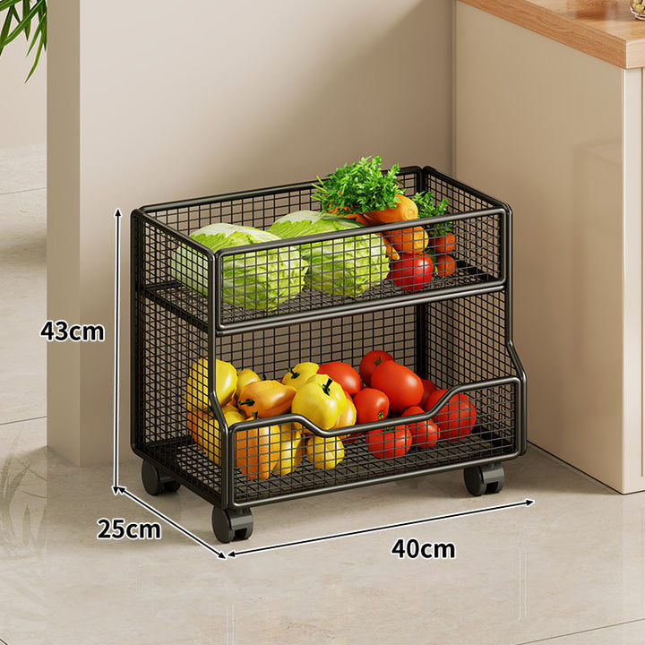 Two Tier Wire Mesh Kitchen Produce Storage Rack with Slide Out Lower Basket