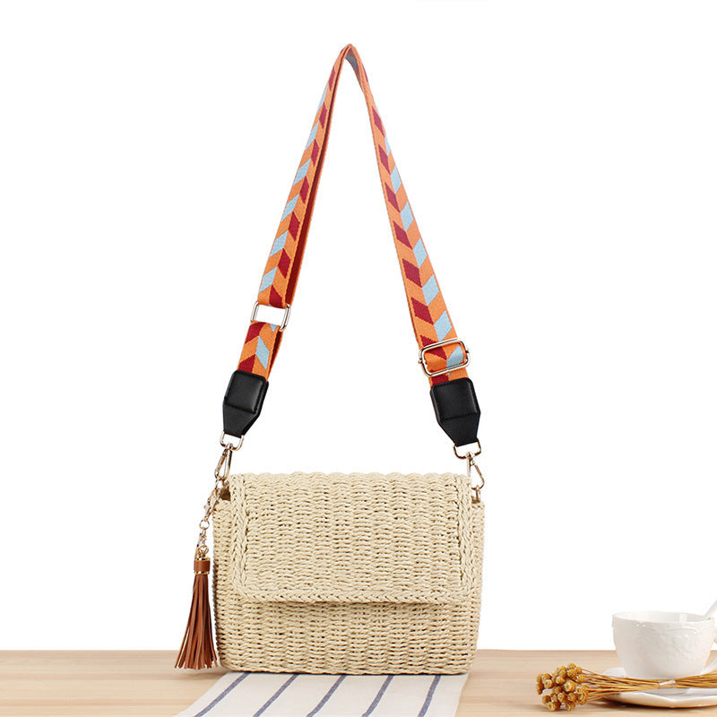 Woven Raffia Shoulder Bag with Decorative Shoulder Strap Kalsten