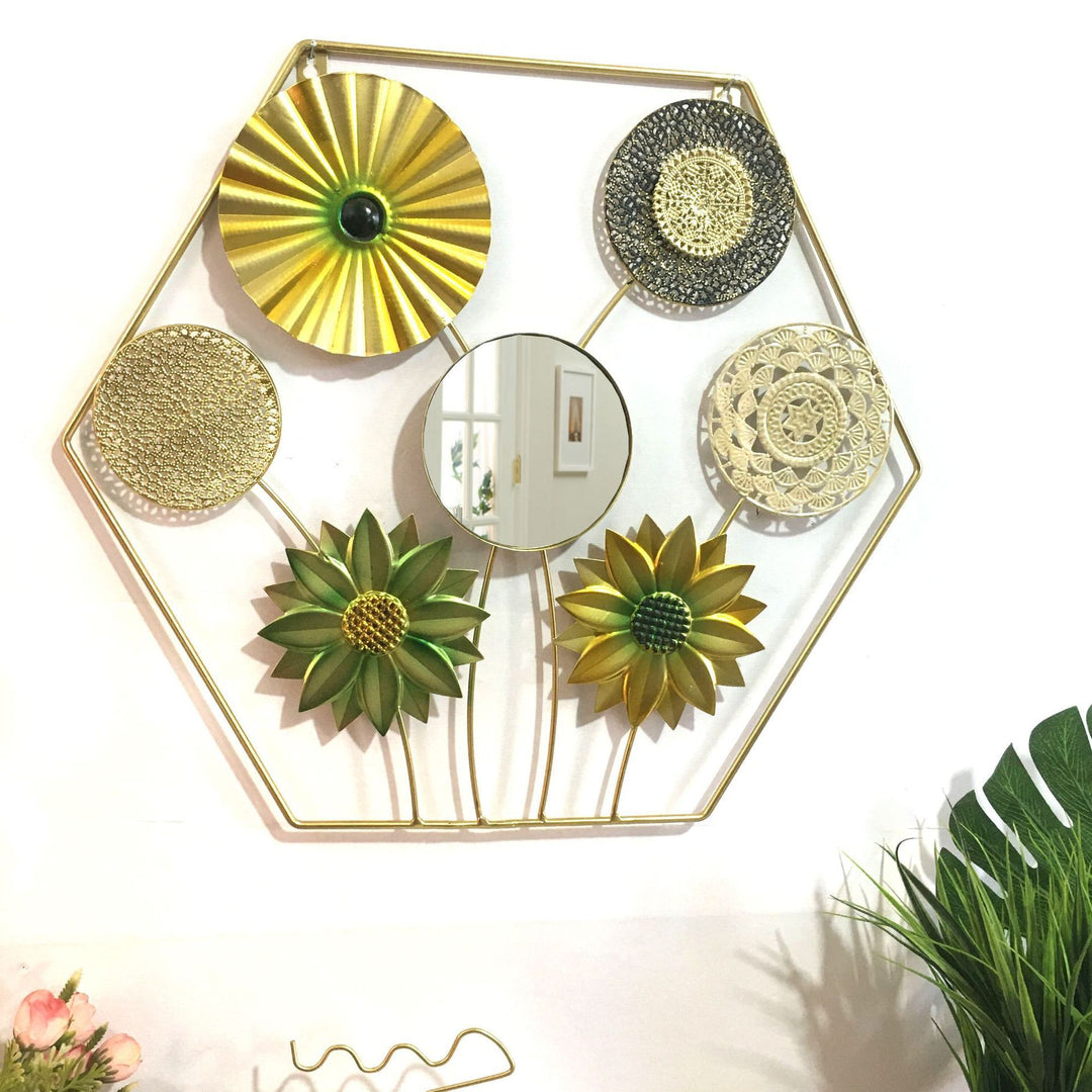 Decorative Metal Wall Art with Tropical Leaf and Mirror Design Kalsten