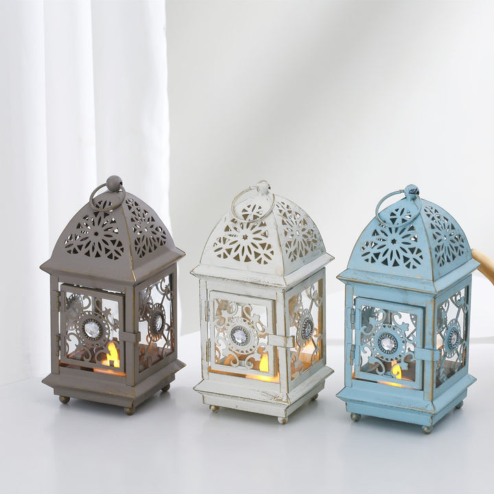 Antique-Style Decorative Metal Glass Candle Lantern with Filigree Cutouts and Hanging Ring Kalsten