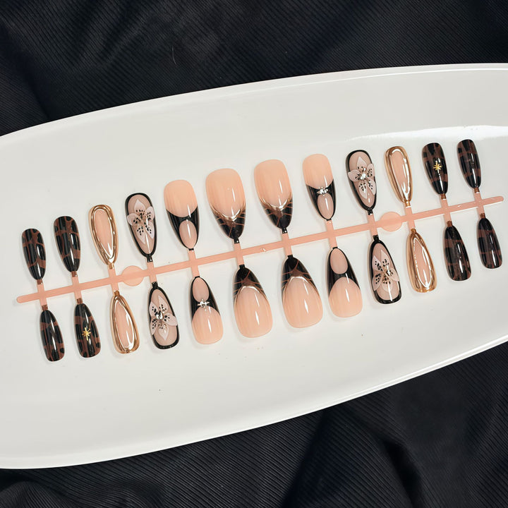Artistic Press-On Nail Set with Elegant Floral and Abstract Designs Kalsten