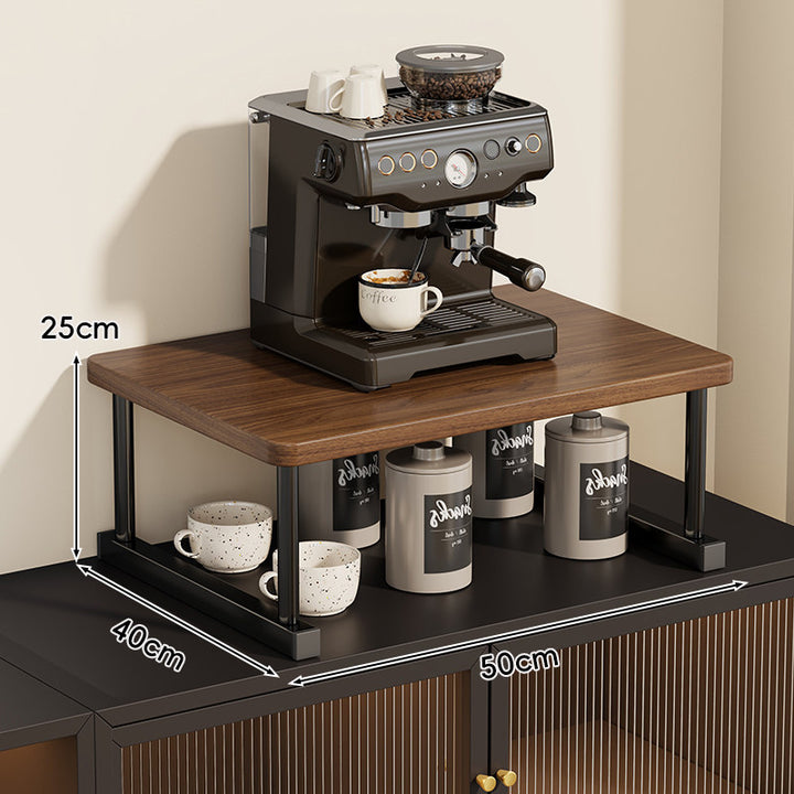 Two-Tier Countertop Coffee Station Shelf Riser with Walnut Top and Metal Frame