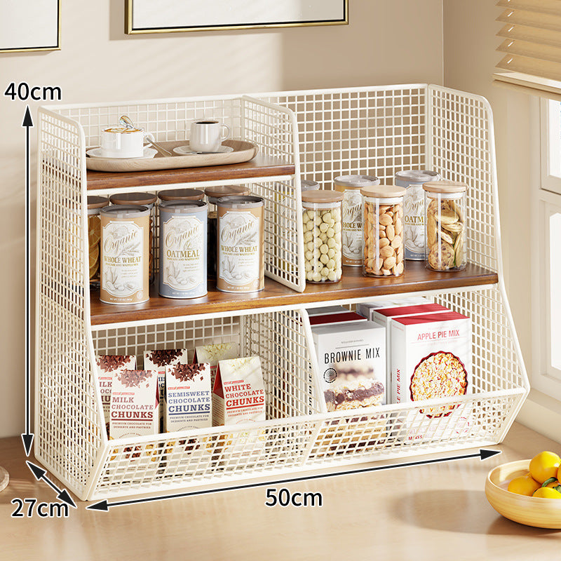 Multi-Tier Wire Mesh Countertop Pantry Organizer with Wood Shelves and Basket