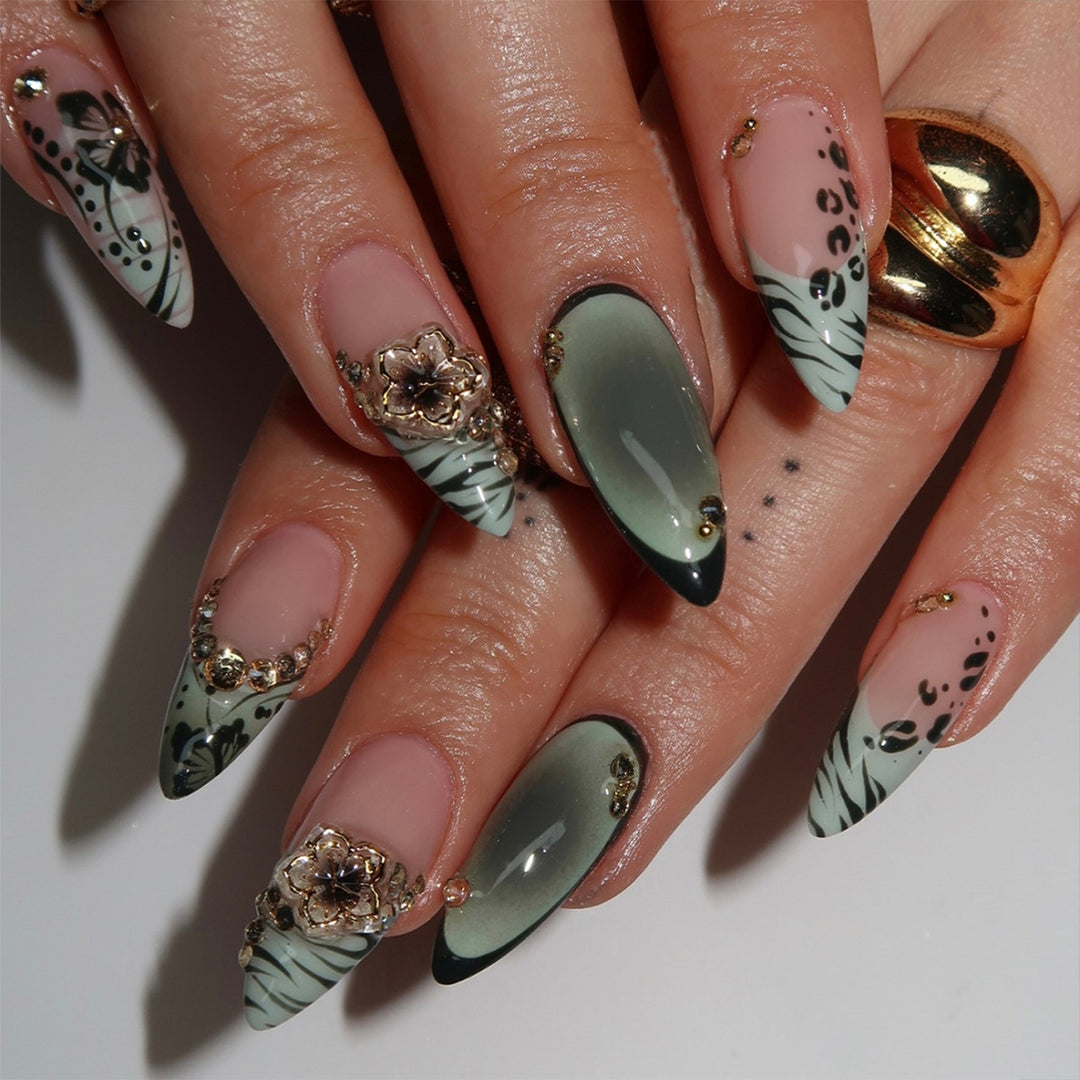 Artful Stiletto Fingernails with Floral and Geometric Decorations Kalsten