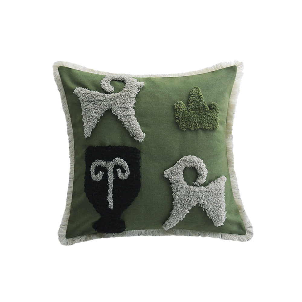 Square decorative cushion cover with hand-tufted ethnic appliqué motif and fringed edge Kalsten