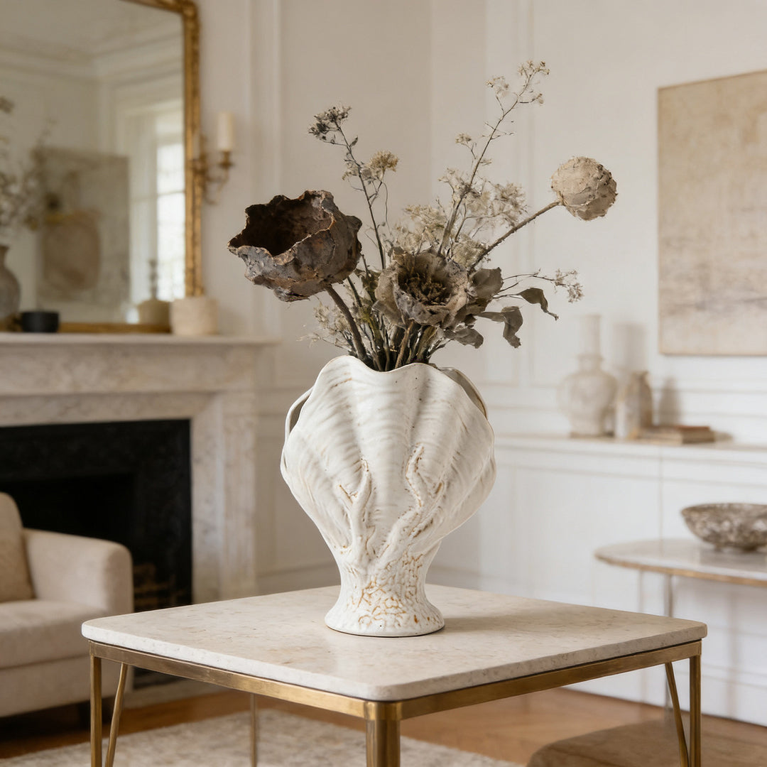 Engraved Glazed Ceramic Shell Table Vase Sculpture