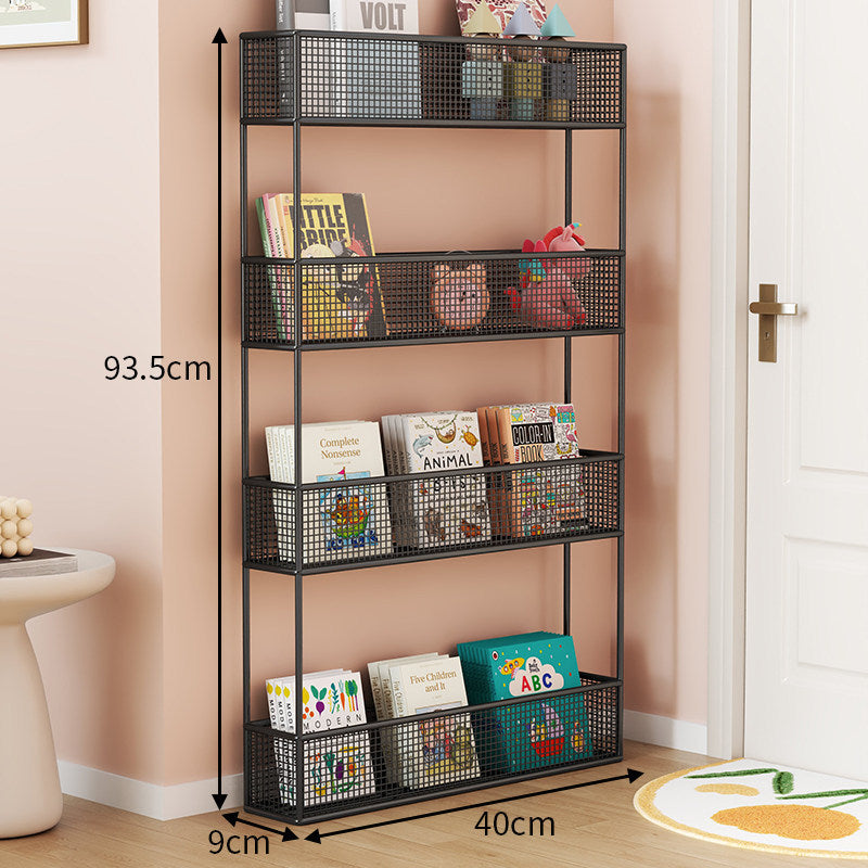 Industrial Metal Mesh Four-Tier Narrow Bookshelf Organizer