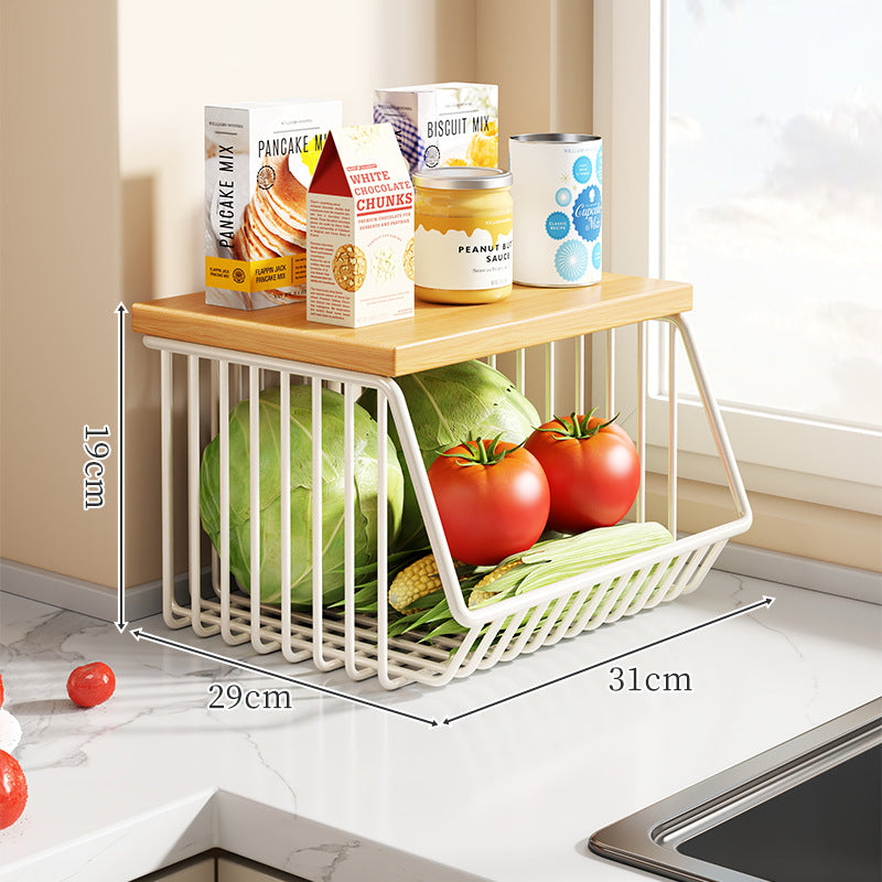 Countertop Wooden Top Metal Wire Fruit and Vegetable Storage Rack