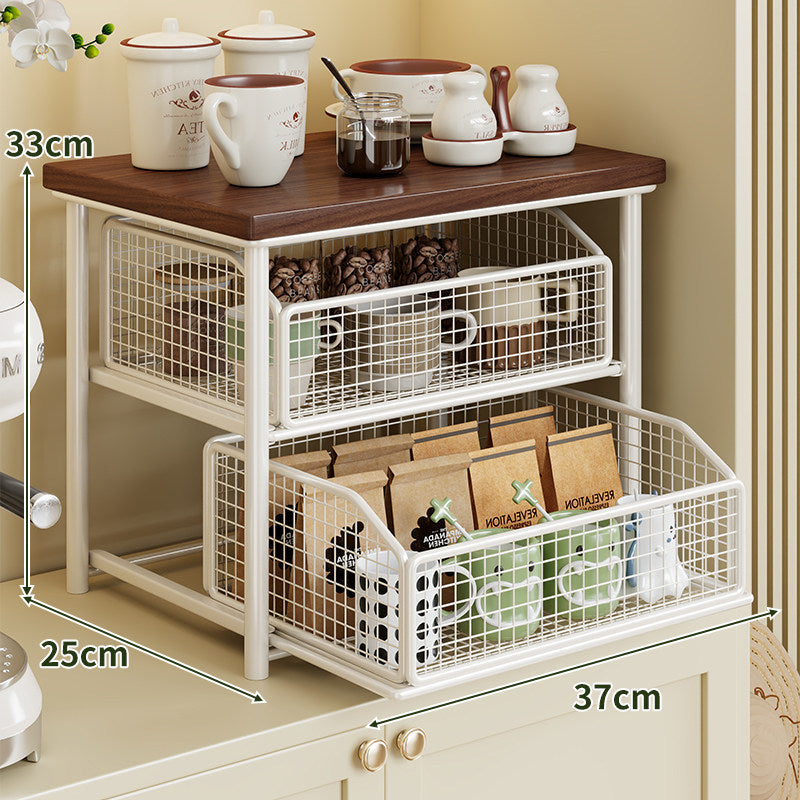Countertop Wooden Top Metal Storage Rack with Sliding Wire Basket