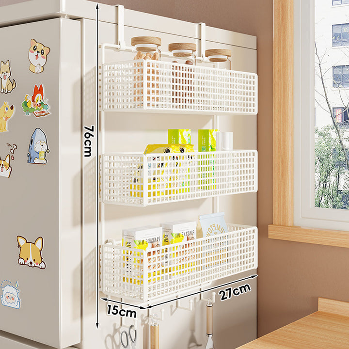 Over-Refrigerator Vertical Hanging Mesh Storage Rack with Deep Baskets and Hook Rail