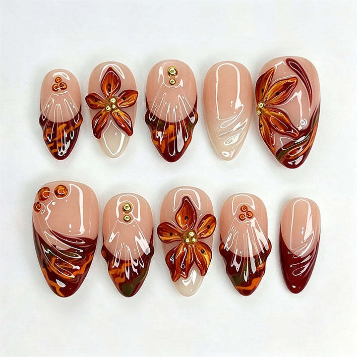 Art nail set with floral 3D applications and elegant glitter elements Kalsten