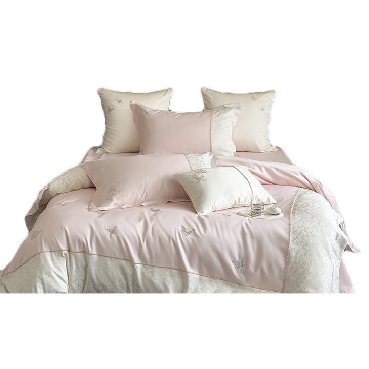 Luxurious cotton satin bedding set with butterfly embroidery and tie band pillow