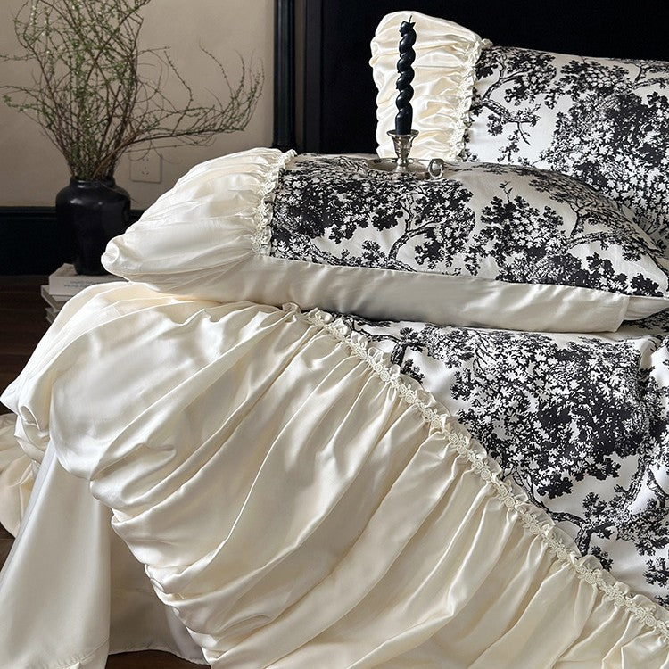 Premium cotton satin duvet cover set with ruffled frill and decorative bed skirt