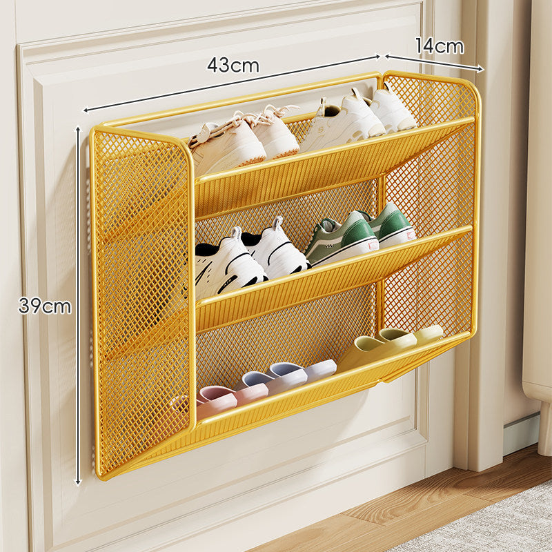 Wall-Mounted Fold-Down Mesh Shoe Shelf Organizer for Slim Entryways