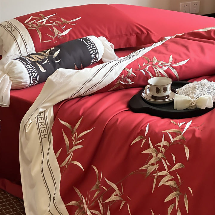 Duvet cover set made of cotton satin with embroidered bamboo motif, fine border & decorative roll cover