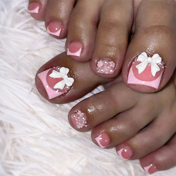 Artistic Press-On Nail Set with Decorative Bow and Gem Accents kalsten