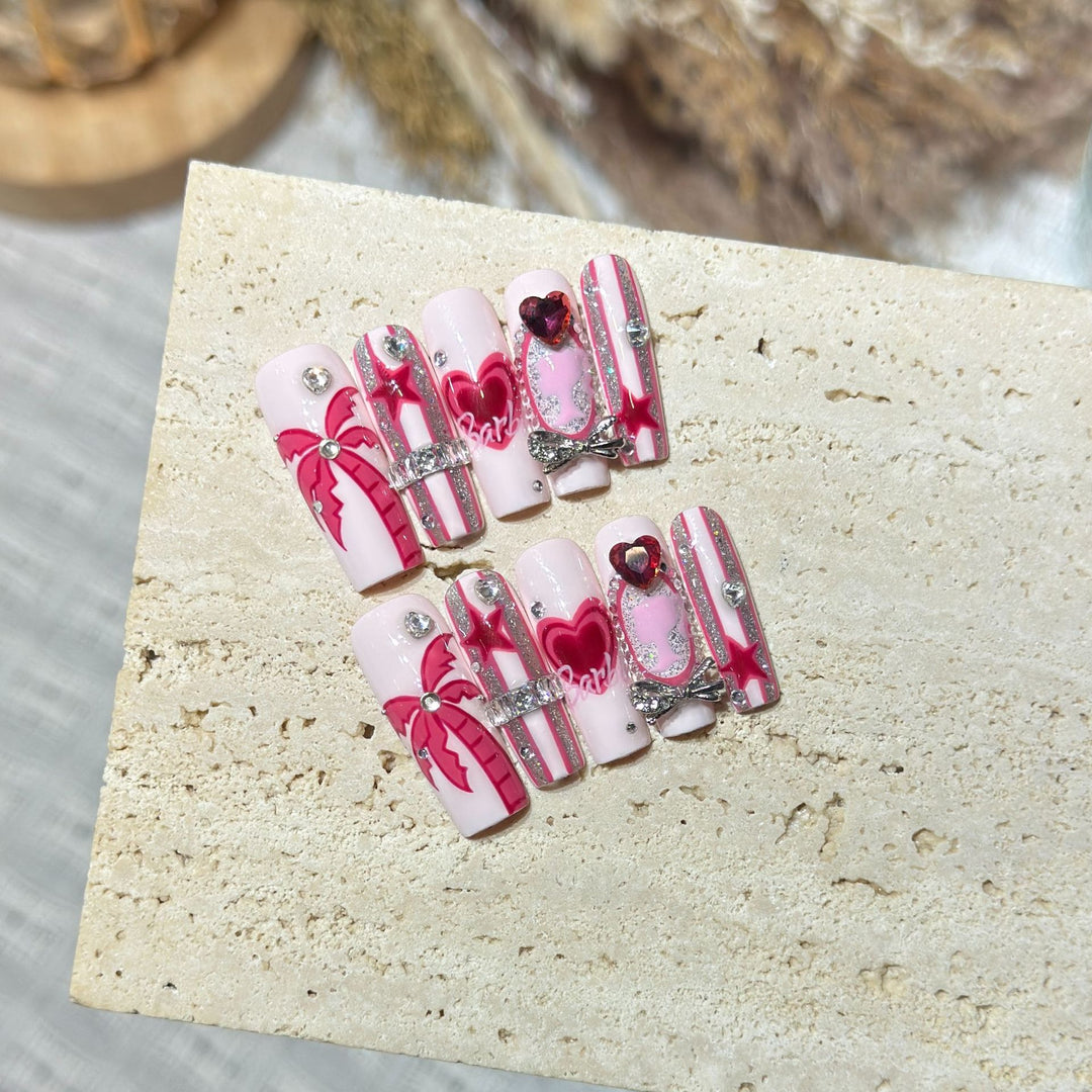 Artistic Press-On Nail Set with Playful Heart and Palm Designs Kalsten