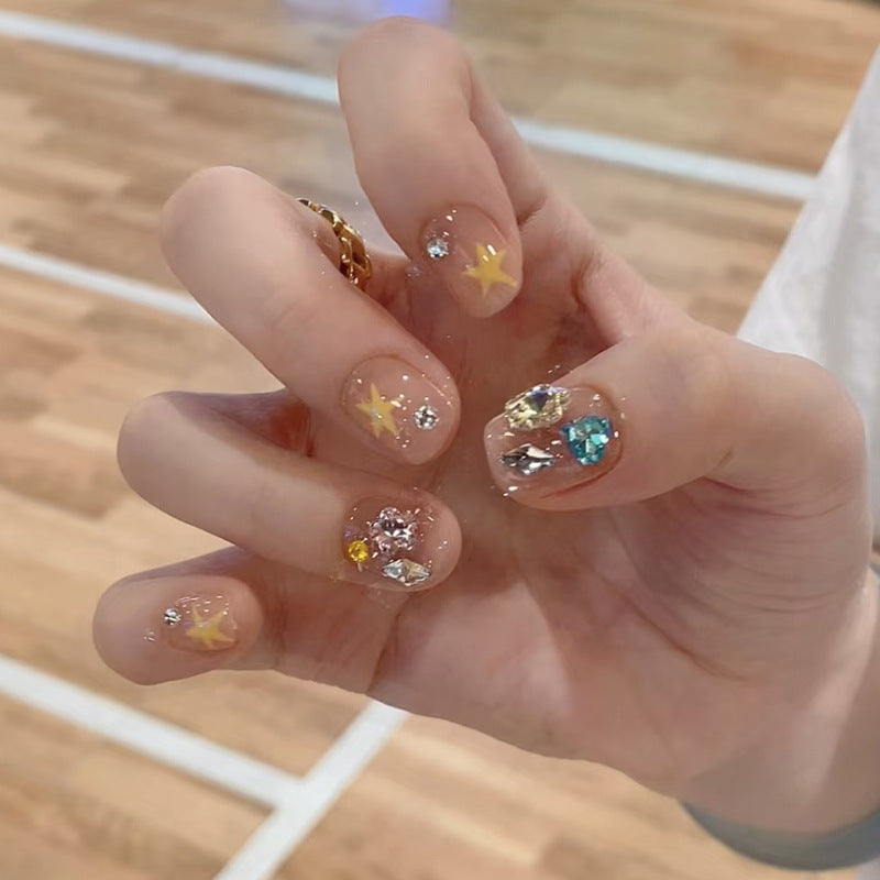 Artistic Press-On Nail Set with Gemstone and Star Accents Kalsten