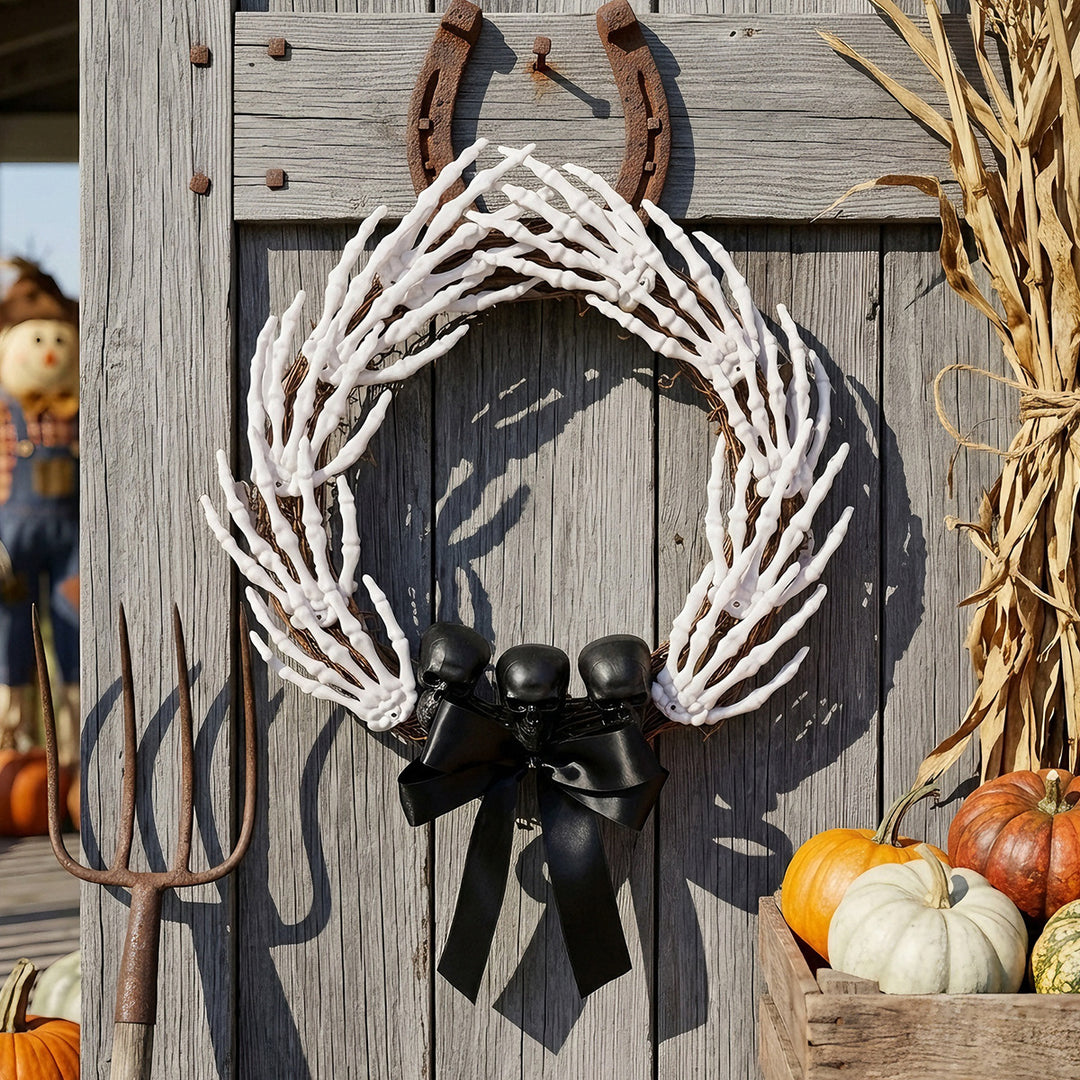 Creepy Halloween Door Wreath with Skeleton Hands, Three Skulls and Satin Ribbon