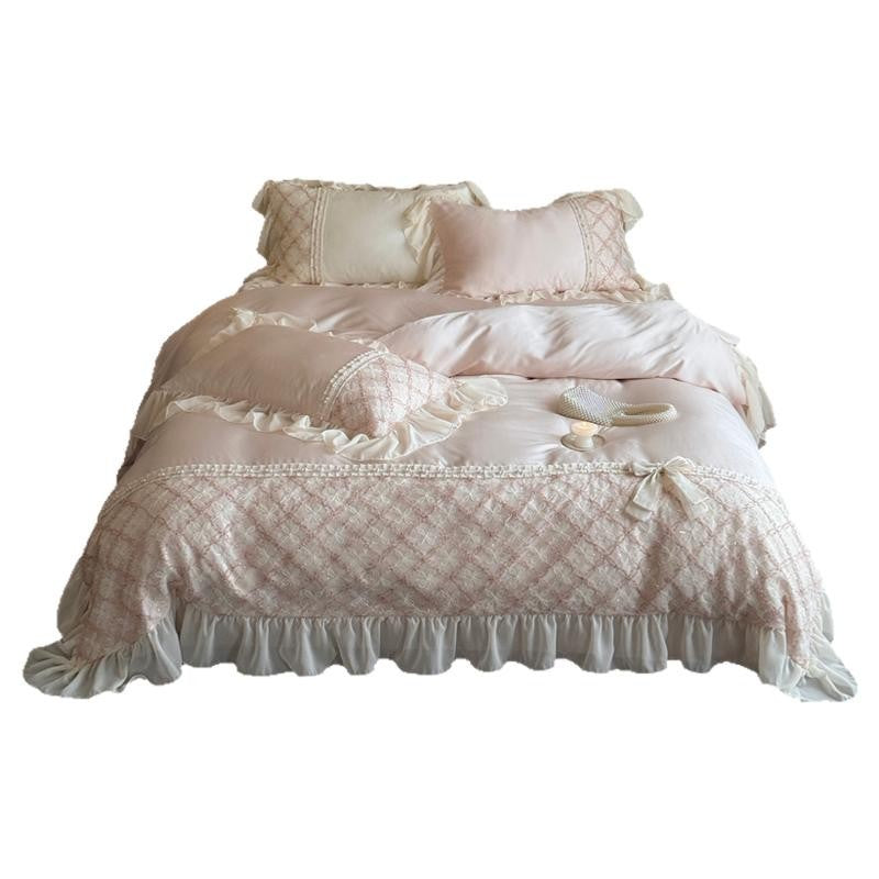 Romantic satin bedding set with ruffle, embroidered lace insert and bow appliqué