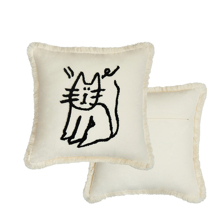 Woven decorative pillow cover with embroidered café motif and decorative fringe edge Kalsten