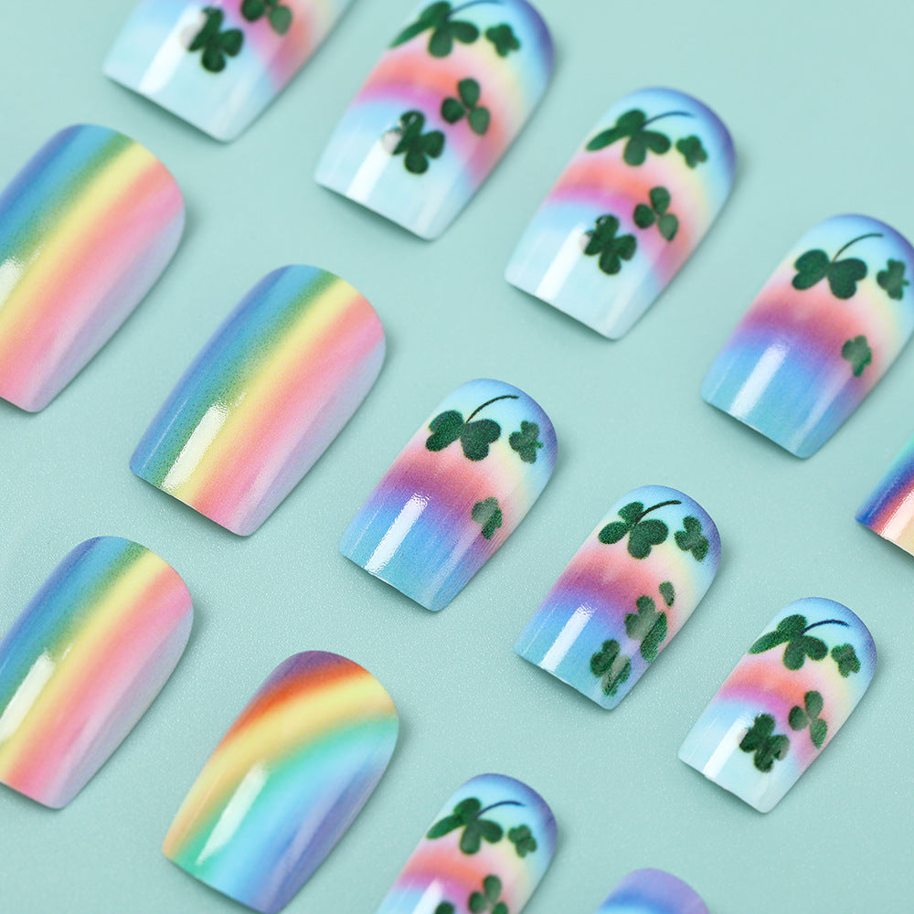 Artificial nails with colorful rainbow and clover leaf designs Kalsten