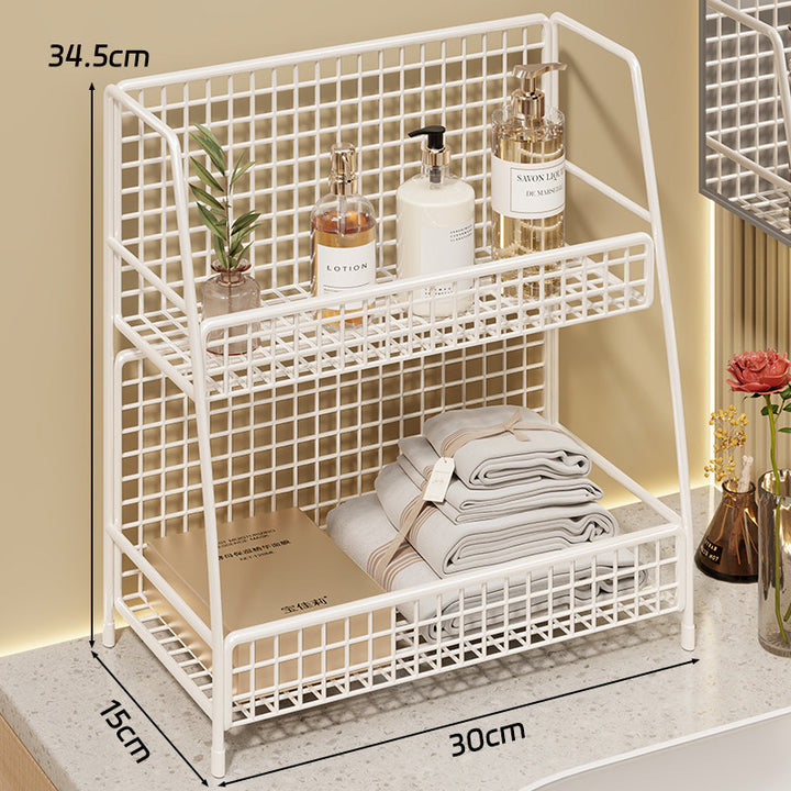 Multi-Tier Wire Grid Countertop Organizer with Angled Frame and Ventilated Mesh Shelves