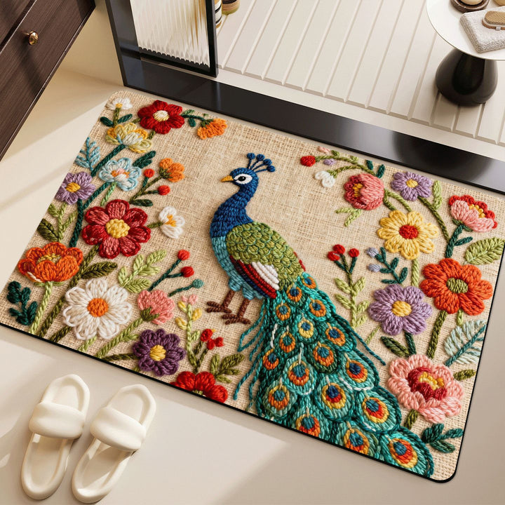 Artistic Embroidered Peacock Bath Mat Kalsten