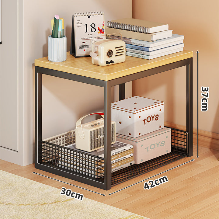 Two-Tier Rolling Mesh Storage Cart with Wood Top and Locking Casters