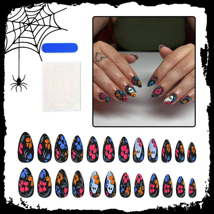 Artificial nail set with spooky Halloween design and colorful floral accents Kalsten