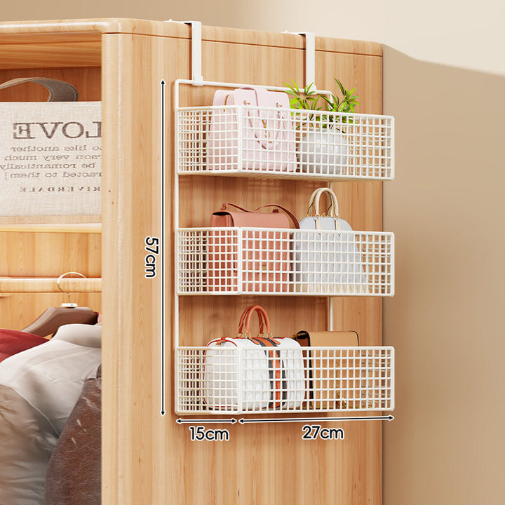 Over-Door Four-Tier Metal Mesh Hanging Storage Organizer with Integrated Hooks