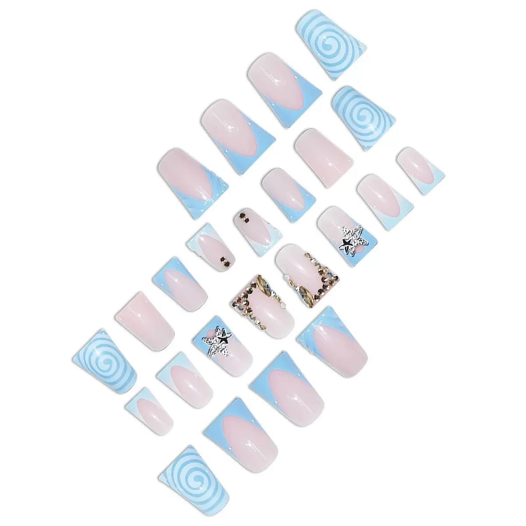 Artistic Long Press-On Nail Design with 3D Star Accents Kalsten