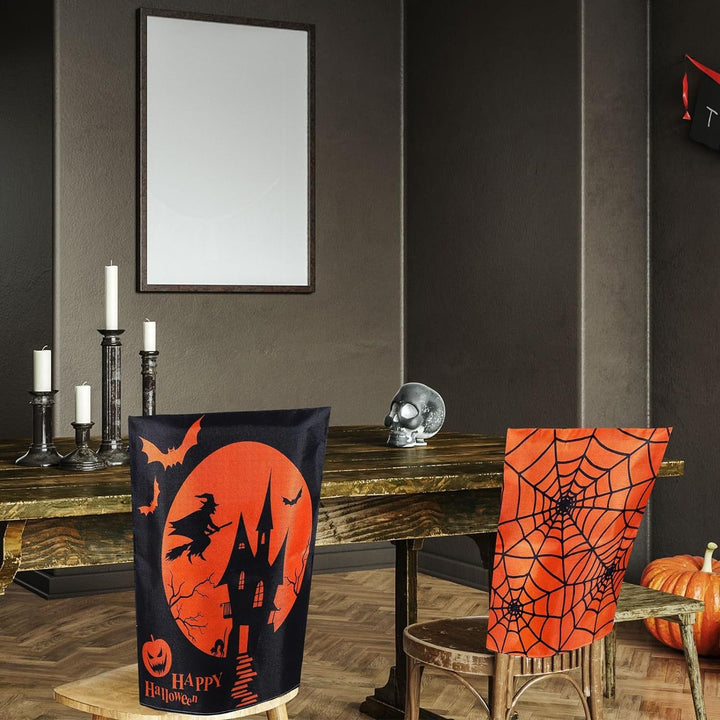 festive Halloween chair covers made of stretchable polyester with witch hat and lettering design