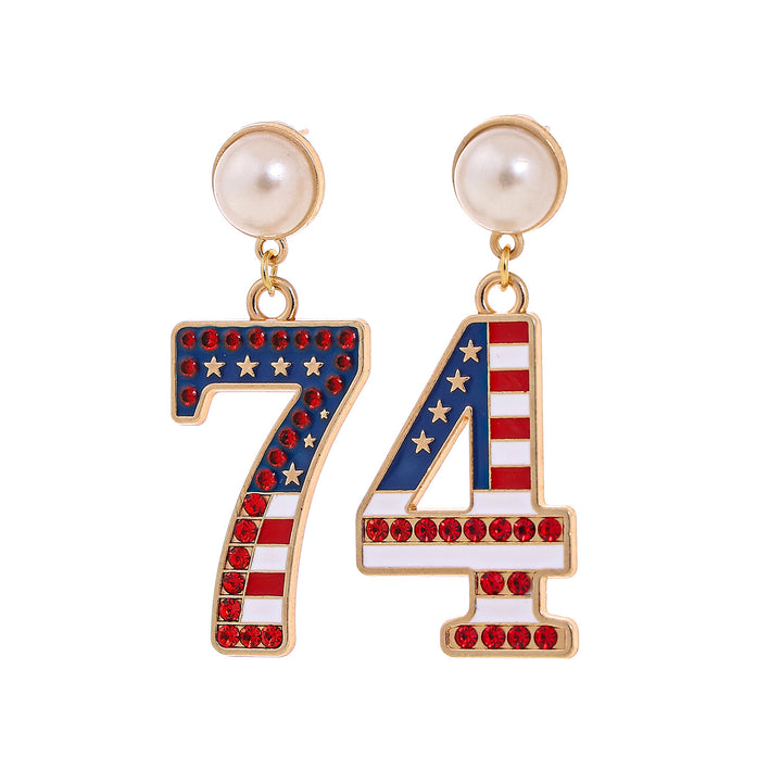 Ladies' eye-catching statement earrings with pearl stud and USA number pendant Kalsten