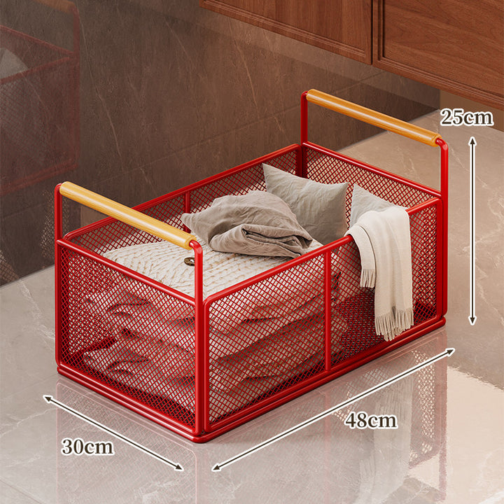 Rectangular Metal Mesh Storage Basket with Dual Wood-Hand Grips
