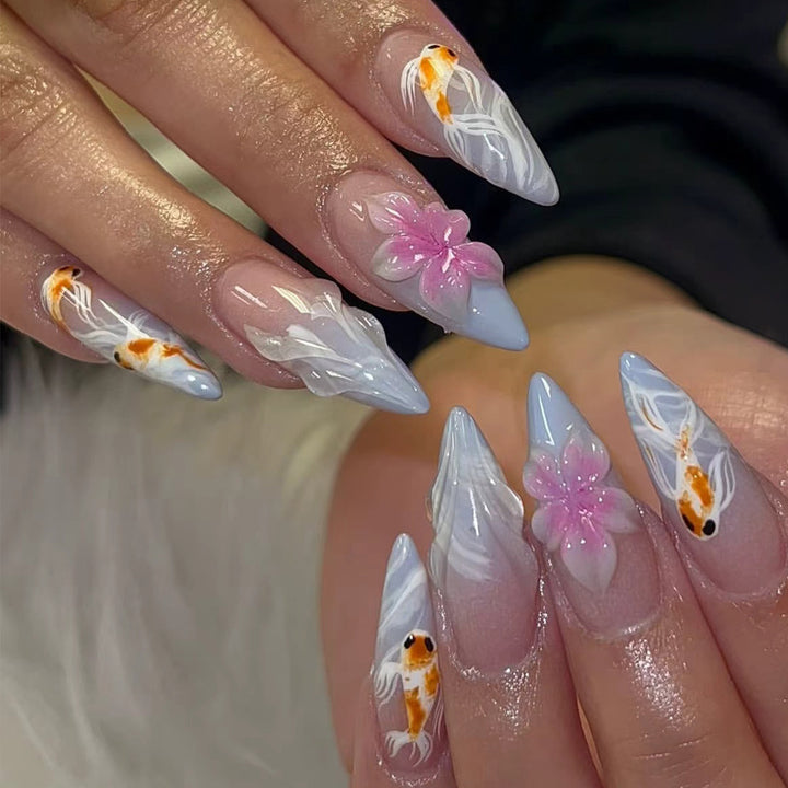 Artistic Koi Fish and Floral Nail Art Extensions Kalsten