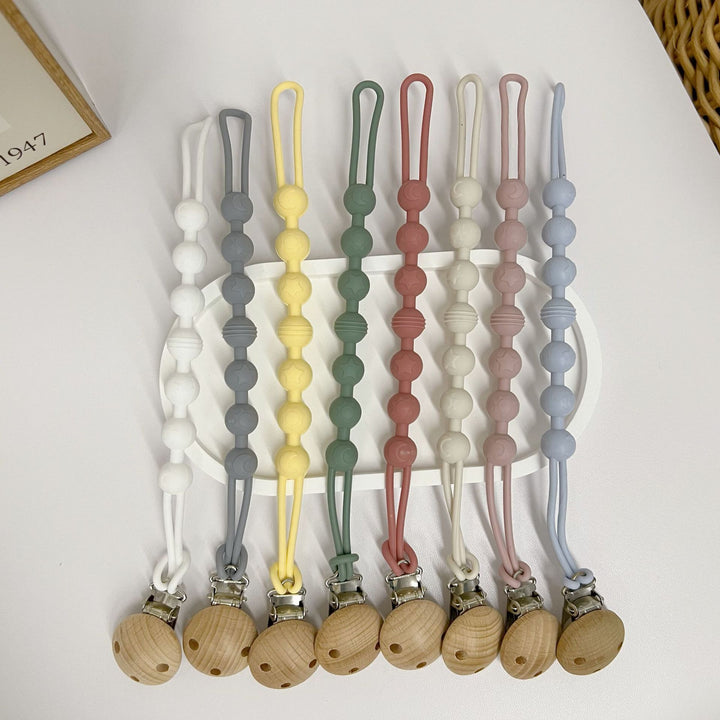 Baby Silicone Bead Teething Pacifier Clip with Wooden Safety Clip
