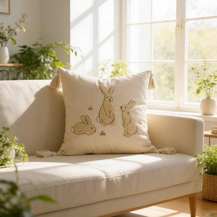 Embroidered Bunny Linen Blend Lumbar Throw Pillow with Tassel Corners