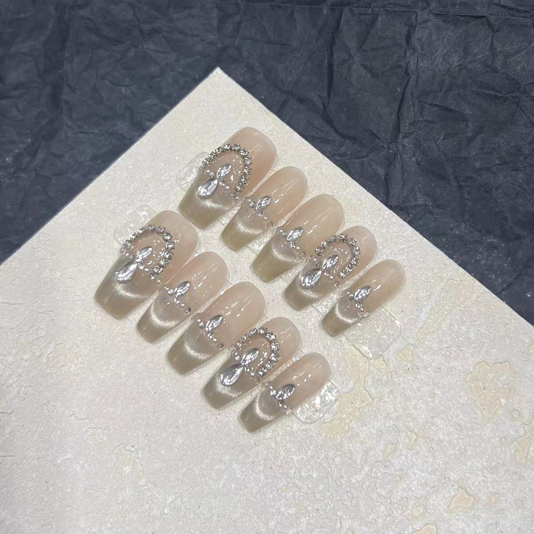 Elegant Press-On Nail Set with Rhinestone Detailing Kalsten