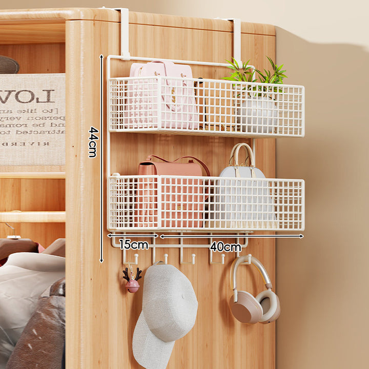 Over-Door Four-Tier Metal Mesh Hanging Storage Organizer with Integrated Hooks