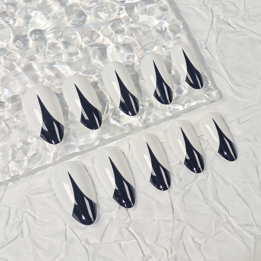 Trendy Stiletto Press-On Nails with Artistic Black and White Design Kalsten