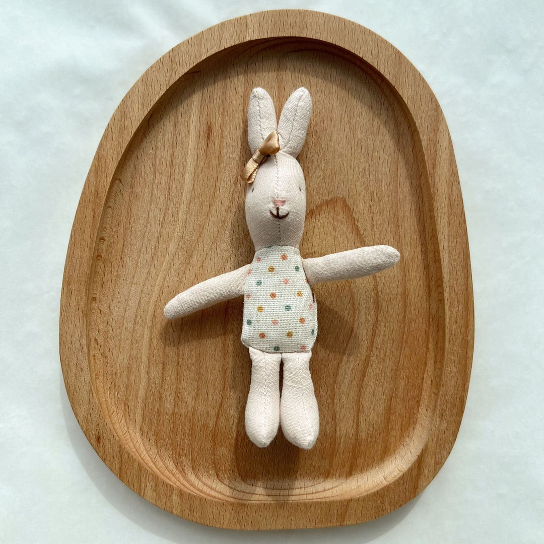 Miniature Linen Rabbit Comforter Plush with Gingham Pocket Dress and Ribbon Bow