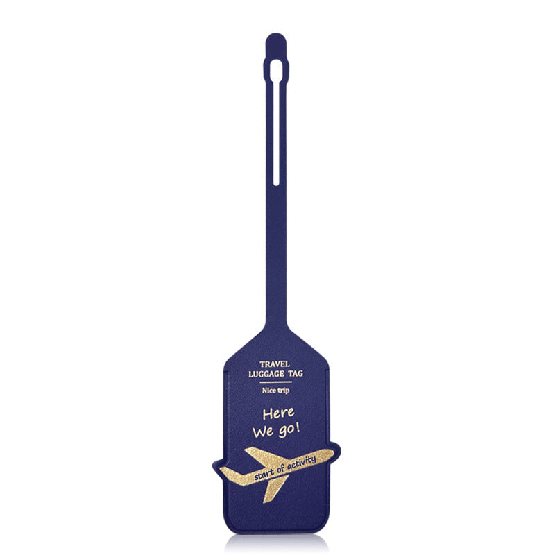 premium leather travel luggage ID tag with embossed airplane motif and adjustable strap Kalsten
