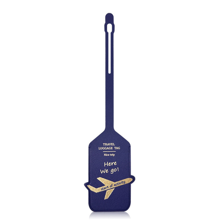 premium leather travel luggage ID tag with embossed airplane motif and adjustable strap Kalsten