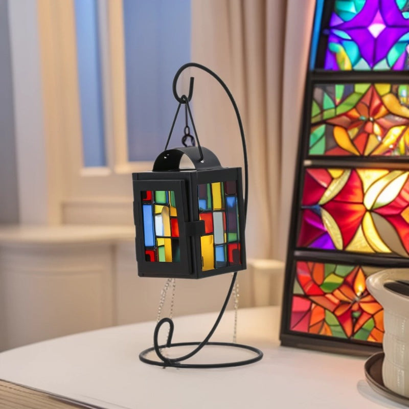 Stained Glass Mosaic Hanging Tealight Lantern with Metal Frame Kalsten