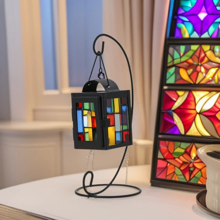 Stained Glass Mosaic Hanging Tealight Lantern with Metal Frame Kalsten