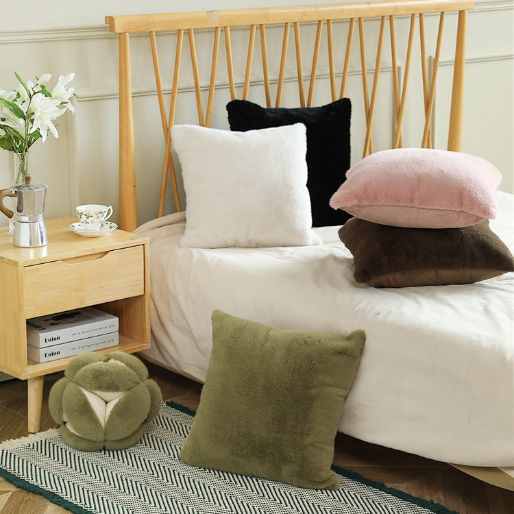 Square plush decorative cushion with microfiber faux fur surface and concealed zipper