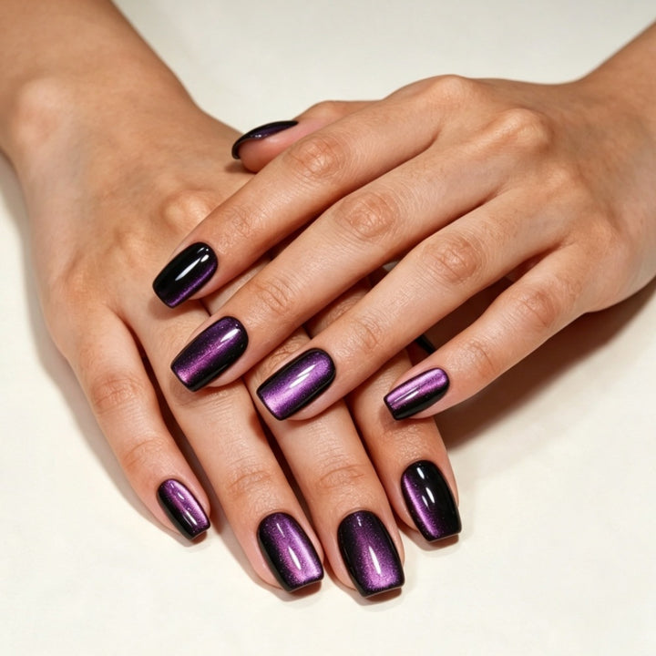 Artificial nails with glossy metallic finish and striking ombre effects Kalsten