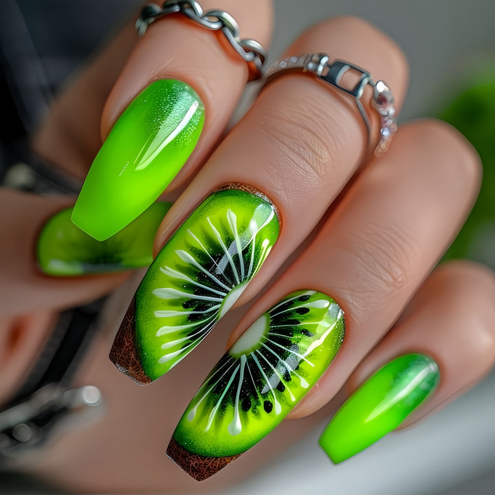 Creative artificial nails with kiwi motif Kalsten