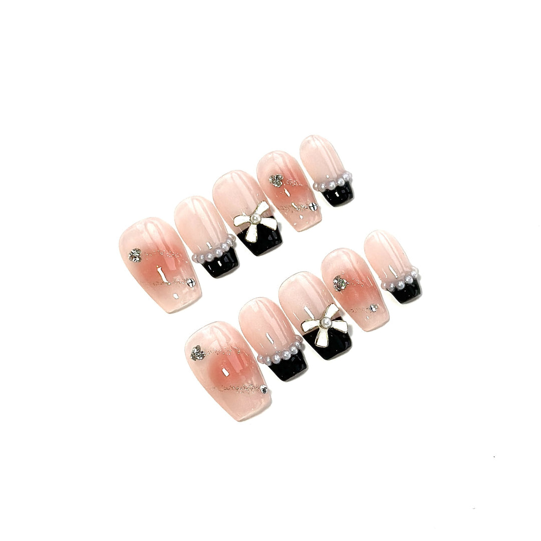 Artistic Press-On Nail Set with Gem Accents